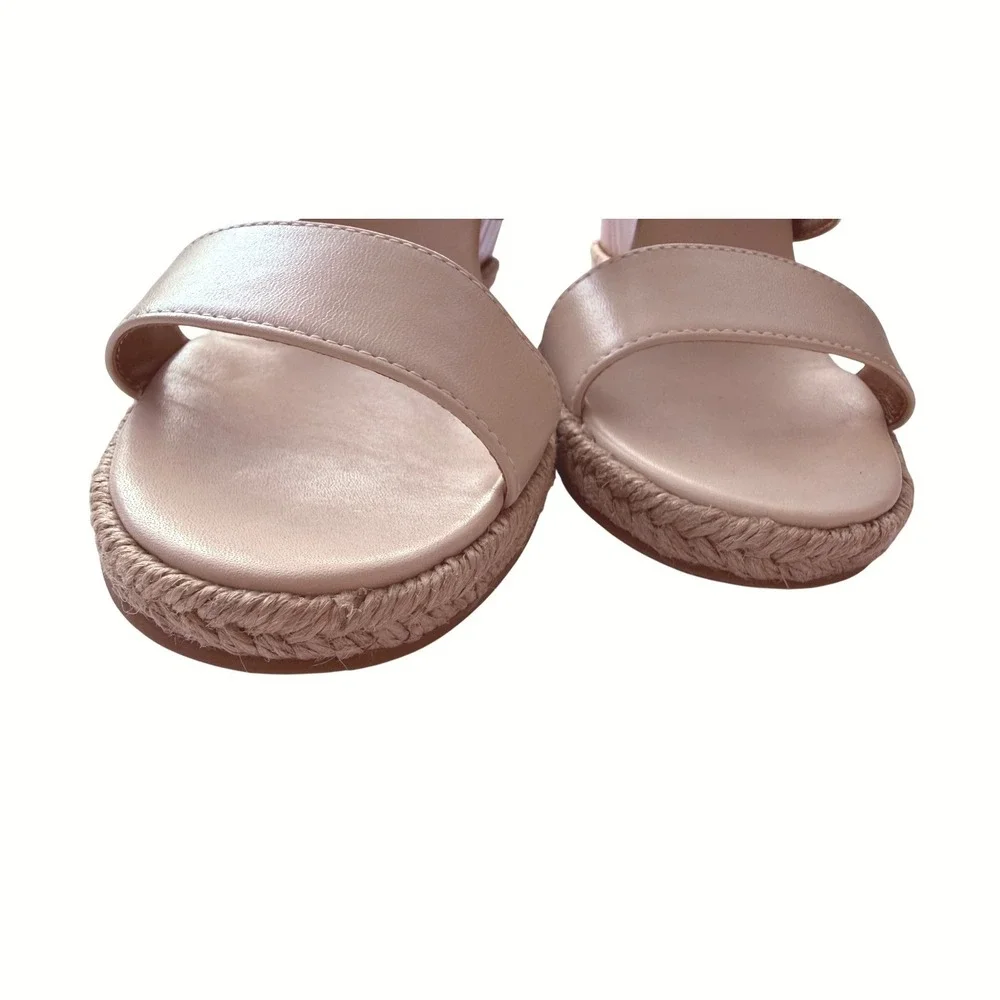 Tory Burch Dulce De Leche Beige Leather Double Strap Wood Wedge Slide Sandals 8M